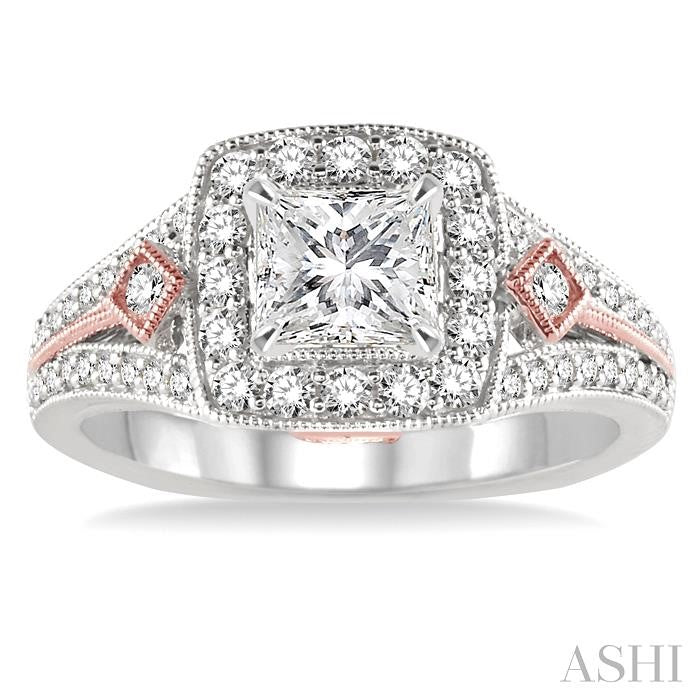 1 Ctw Diamond Engagement Ring with 3/8 Ct Princess Cut Center Stone in 14K White and Rose Gold