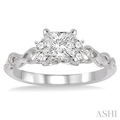1/2 Ctw Diamond Engagement Ring with 1/3 Ct Princess Cut Center Stone in 14K White Gold