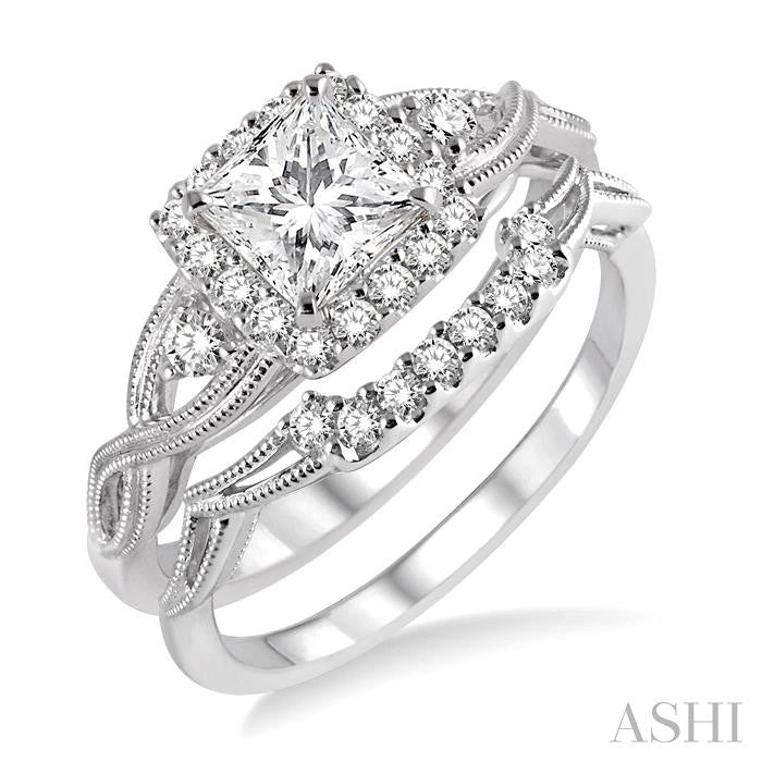 3/4 Ctw Diamond Wedding Set with 5/8 Ctw Princess Cut Engagement Ring and 1/10 Ctw Wedding Band in 14K White Gold