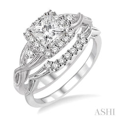 3/4 Ctw Diamond Wedding Set with 5/8 Ctw Princess Cut Engagement Ring and 1/10 Ctw Wedding Band in 14K White Gold