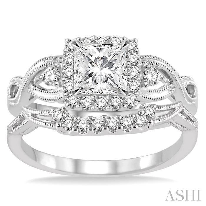 3/4 Ctw Diamond Wedding Set with 5/8 Ctw Princess Cut Engagement Ring and 1/10 Ctw Wedding Band in 14K White Gold