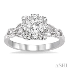 5/8 Ctw Diamond Engagement Ring with 1/3 Ct Princess Cut Center Stone in 14K White Gold