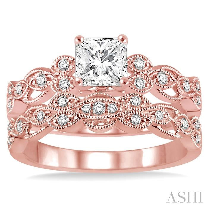 1/2 Ctw Diamond Wedding Set with 1/2 Ctw Princess Cut Engagement Ring and 1/10 Ctw Wedding Band in 14K Rose Gold