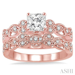 1/2 Ctw Diamond Wedding Set with 1/2 Ctw Princess Cut Engagement Ring and 1/10 Ctw Wedding Band in 14K Rose Gold