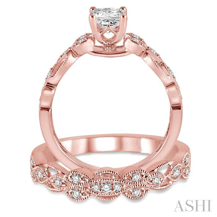 1/2 Ctw Diamond Wedding Set with 1/2 Ctw Princess Cut Engagement Ring and 1/10 Ctw Wedding Band in 14K Rose Gold