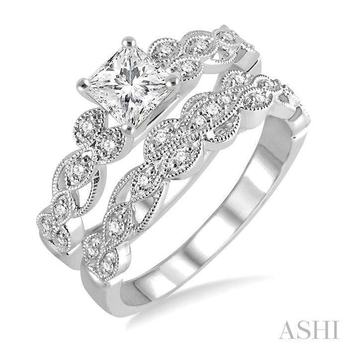 1/2 Ctw Diamond Wedding Set with 1/2 Ctw Princess Cut Engagement Ring and 1/10 Ctw Wedding Band in 14K White Gold