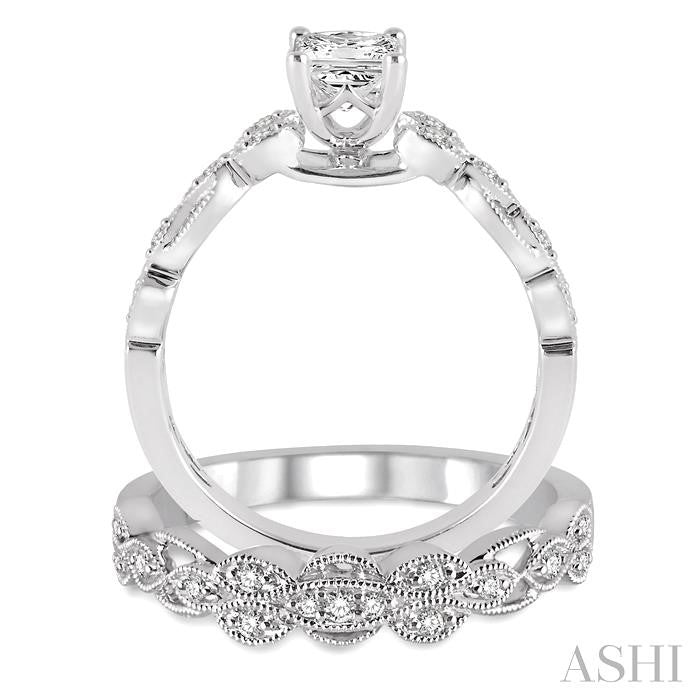 1/2 Ctw Diamond Wedding Set with 1/2 Ctw Princess Cut Engagement Ring and 1/10 Ctw Wedding Band in 14K White Gold