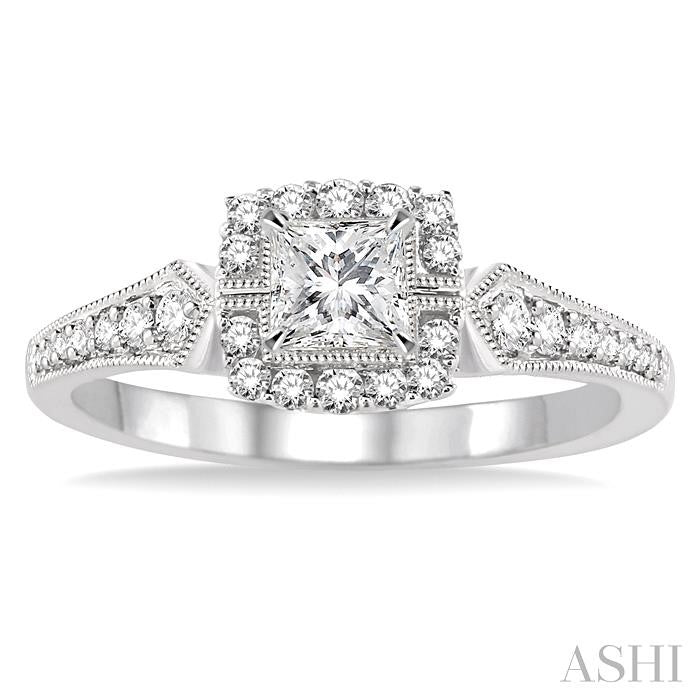 3/8 Ctw Diamond Engagement Ring with 1/5 Ct Princess Cut Center Stone in 14K White Gold