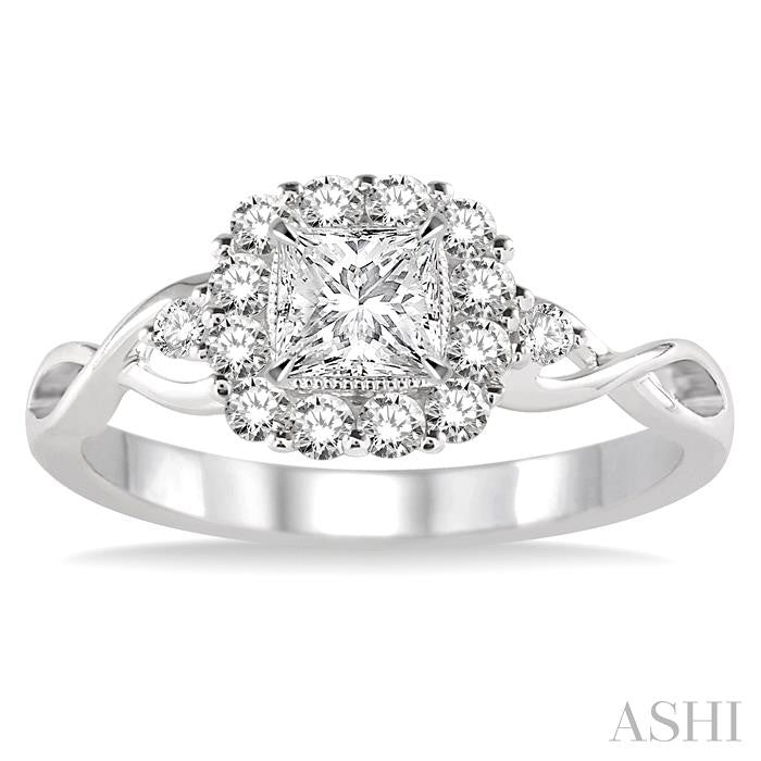 5/8 Ctw Diamond Engagement Ring with 1/4 Ct Princess Cut Center Stone in 14K White Gold