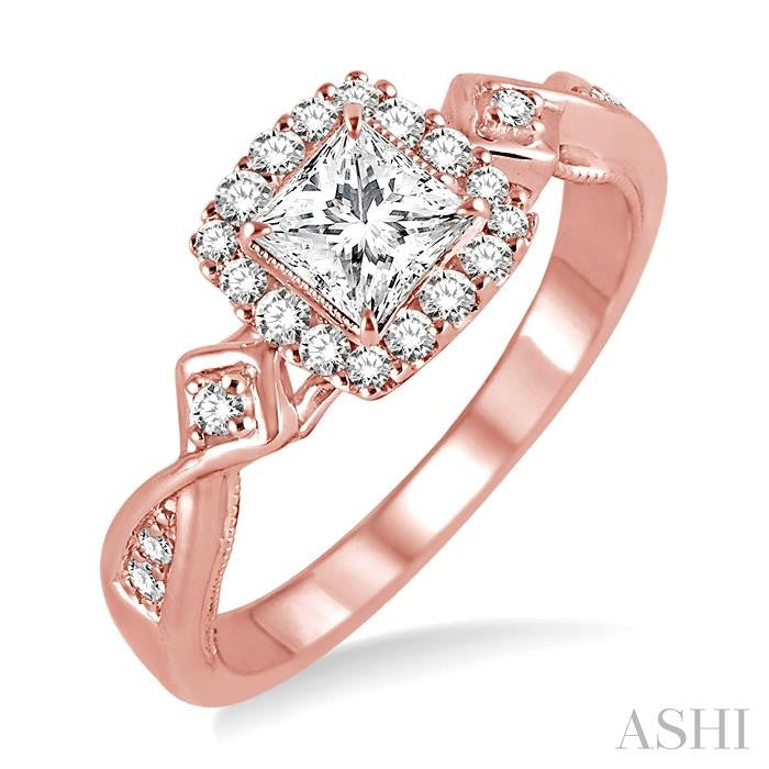 1/2 Ctw Diamond Engagement Ring with 1/5 Ct Princess Cut Center Stone in 14K Rose Gold