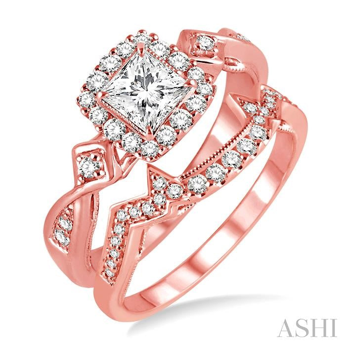 5/8 Ctw Diamond Wedding Set with 1/2 Ctw Princess Cut Engagement Ring and 1/6 Ctw Wedding Band in 14K Rose Gold