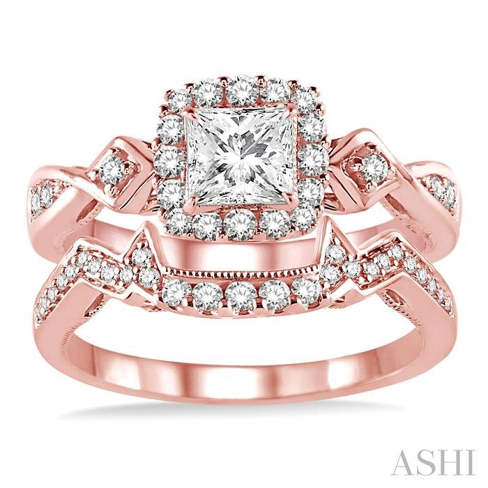 5/8 Ctw Diamond Wedding Set with 1/2 Ctw Princess Cut Engagement Ring and 1/6 Ctw Wedding Band in 14K Rose Gold