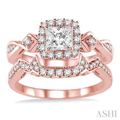 5/8 Ctw Diamond Wedding Set with 1/2 Ctw Princess Cut Engagement Ring and 1/6 Ctw Wedding Band in 14K Rose Gold