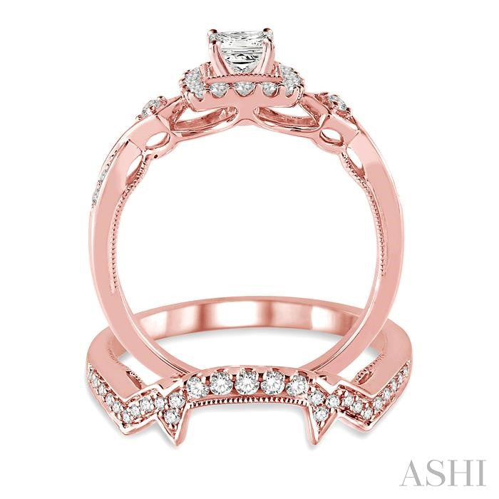 5/8 Ctw Diamond Wedding Set with 1/2 Ctw Princess Cut Engagement Ring and 1/6 Ctw Wedding Band in 14K Rose Gold