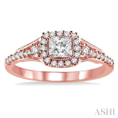 1/2 Ctw Diamond Engagement Ring with 1/5 Ct Princess Cut Center Stone in 14K Rose Gold