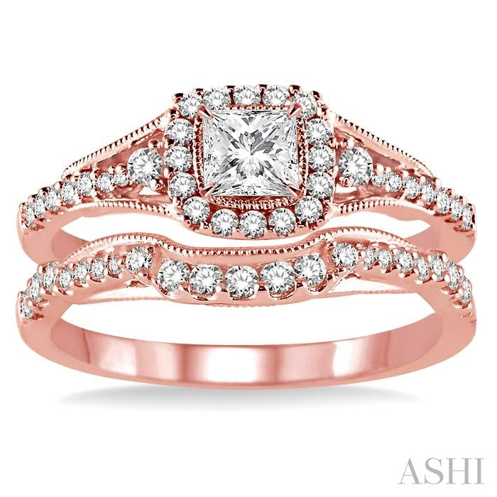 5/8 Ctw Diamond Wedding Set with 1/2 Ctw Princess Cut Engagement Ring and 1/6 Ctw Wedding Band in 14K Rose Gold