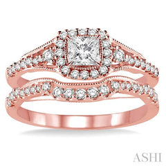 5/8 Ctw Diamond Wedding Set with 1/2 Ctw Princess Cut Engagement Ring and 1/6 Ctw Wedding Band in 14K Rose Gold