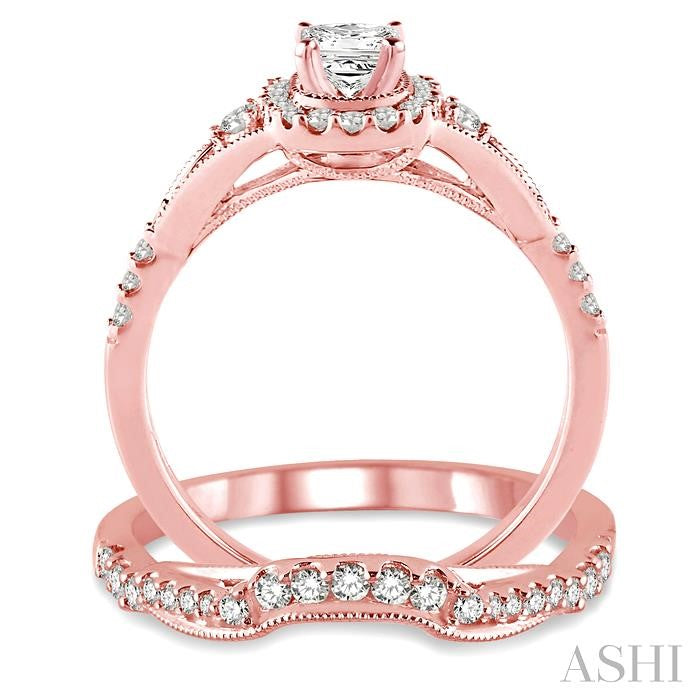 5/8 Ctw Diamond Wedding Set with 1/2 Ctw Princess Cut Engagement Ring and 1/6 Ctw Wedding Band in 14K Rose Gold