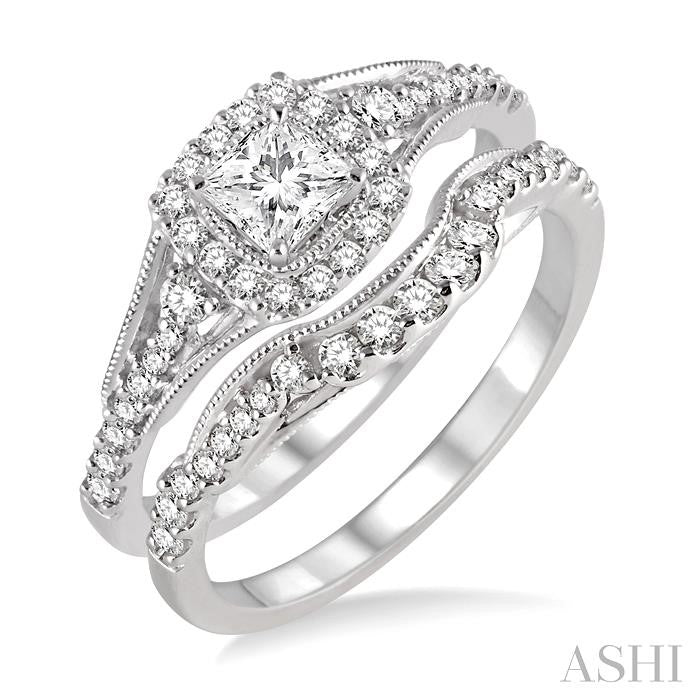 5/8 Ctw Diamond Wedding Set with 1/2 Ctw Princess Cut Engagement Ring and 1/6 Ctw Wedding Band in 14K White Gold