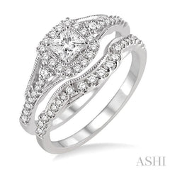 5/8 Ctw Diamond Wedding Set with 1/2 Ctw Princess Cut Engagement Ring and 1/6 Ctw Wedding Band in 14K White Gold