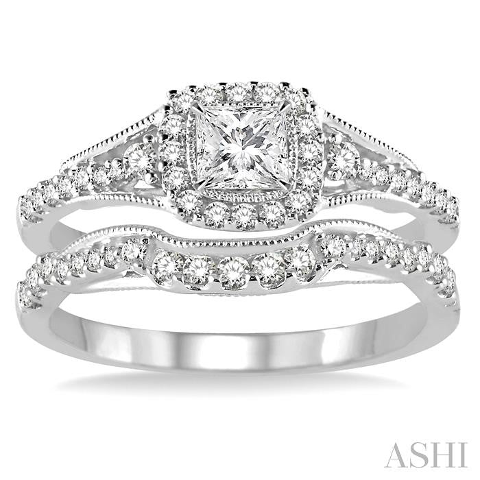 5/8 Ctw Diamond Wedding Set with 1/2 Ctw Princess Cut Engagement Ring and 1/6 Ctw Wedding Band in 14K White Gold