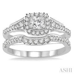 5/8 Ctw Diamond Wedding Set with 1/2 Ctw Princess Cut Engagement Ring and 1/6 Ctw Wedding Band in 14K White Gold