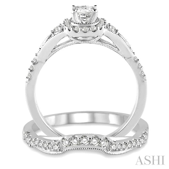 5/8 Ctw Diamond Wedding Set with 1/2 Ctw Princess Cut Engagement Ring and 1/6 Ctw Wedding Band in 14K White Gold