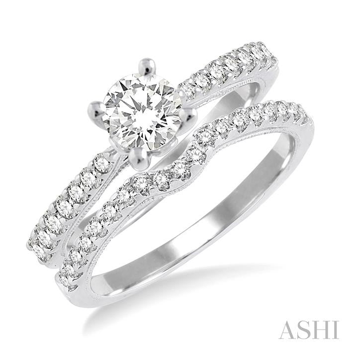 1 1/10 Ctw Diamond Wedding Set with 3/4 Ctw Round Cut Engagement Ring and 1/4 Ctw Wedding Band in 14K White Gold