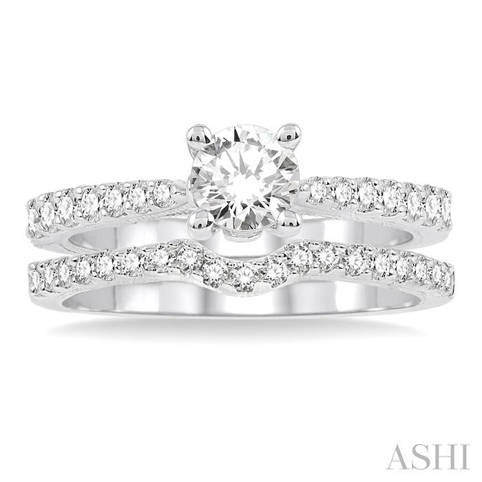 1 1/10 Ctw Diamond Wedding Set with 3/4 Ctw Round Cut Engagement Ring and 1/4 Ctw Wedding Band in 14K White Gold