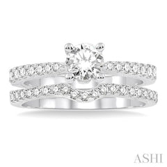 1 1/10 Ctw Diamond Wedding Set with 3/4 Ctw Round Cut Engagement Ring and 1/4 Ctw Wedding Band in 14K White Gold