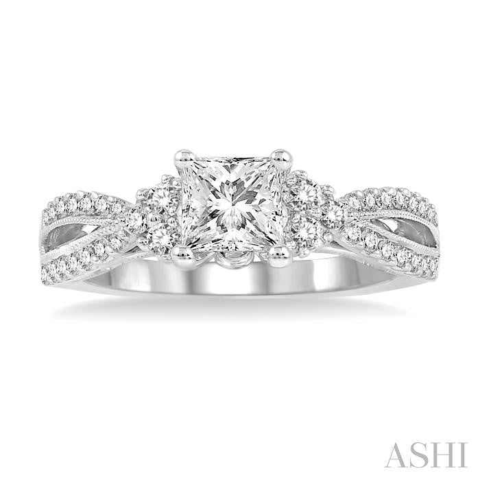 1 1/10 Ctw Diamond Engagement Ring with 3/4 Ct Princess Cut Center Stone in 14K White Gold