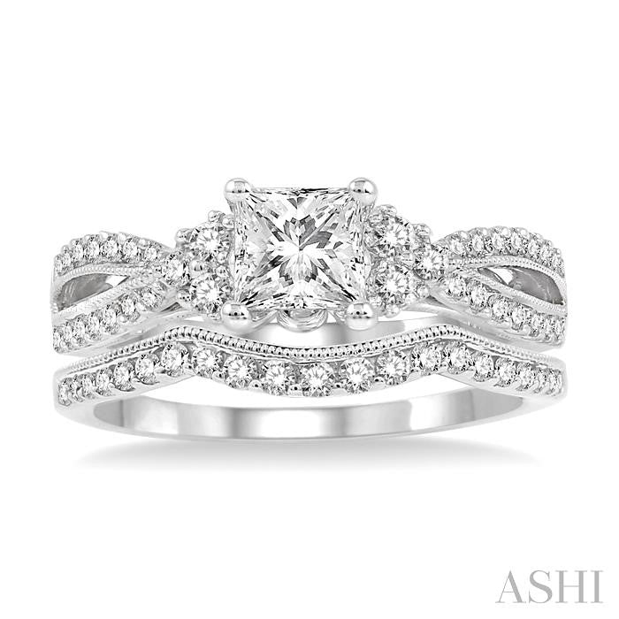 1 1/4 Ctw Diamond Wedding Set with 1 1/10 Ctw Princess Cut Engagement Ring and 1/6 Ctw Wedding Band in 14K White Gold