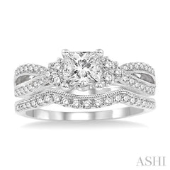 1 1/4 Ctw Diamond Wedding Set with 1 1/10 Ctw Princess Cut Engagement Ring and 1/6 Ctw Wedding Band in 14K White Gold