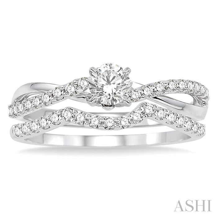 5/8 Ctw Diamond Wedding Set with 1/2 Ctw Round Cut Engagement Ring and 1/5 Ctw Wedding Band in 14K White Gold