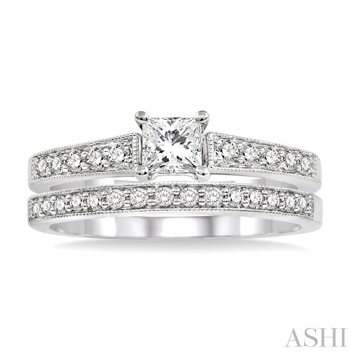 3/4 Ctw Diamond Wedding Set with 1/2 Ctw Princess Cut Engagement Ring and 1/6 Ctw Wedding Band in 14K White Gold