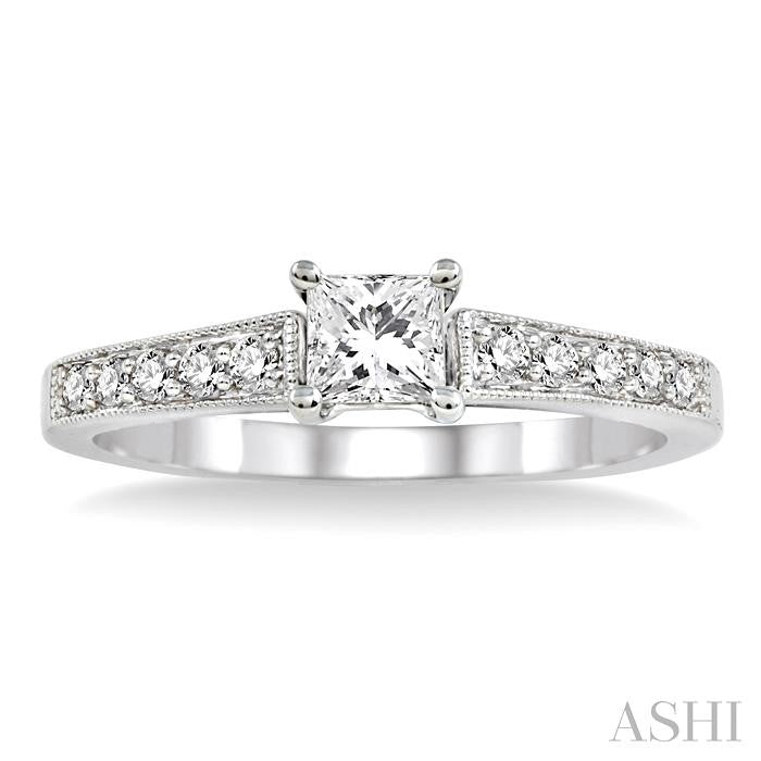 1/2 Ctw Diamond Engagement Ring with 3/8 Ct Princess Cut Center Stone in 14K White Gold