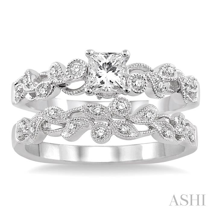 1/2 Ctw Diamond Wedding Set with 3/8 Ctw Princess Cut Engagement Ring and 1/20 Ctw Wedding Band in 14K White Gold
