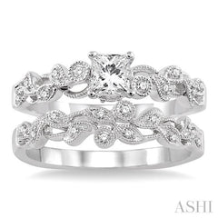 1/2 Ctw Diamond Wedding Set with 3/8 Ctw Princess Cut Engagement Ring and 1/20 Ctw Wedding Band in 14K White Gold