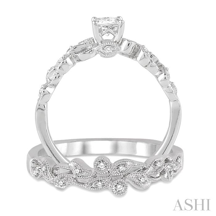 1/2 Ctw Diamond Wedding Set with 3/8 Ctw Princess Cut Engagement Ring and 1/20 Ctw Wedding Band in 14K White Gold