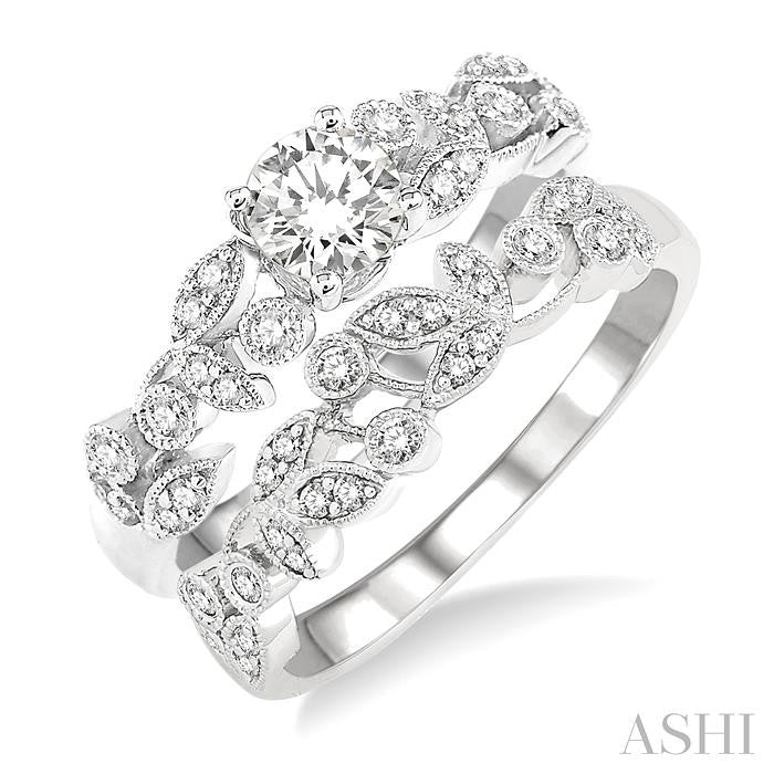 3/4 Ctw Diamond Wedding Set with 1/2 Ctw Round Cut Engagement Ring and 1/6 Ctw Wedding Band in 14K White Gold
