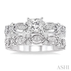 3/4 Ctw Diamond Wedding Set with 5/8 Ctw Princess Cut Engagement Ring and 1/6 Ctw Wedding Band in 14K White Gold