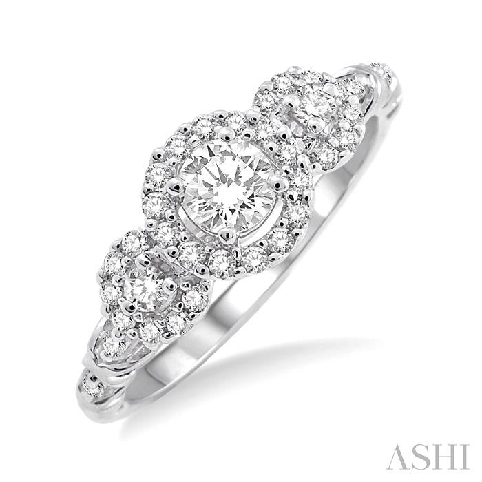 1/2 ctw Round Cut Diamond Engagement Ring with 1/5 ct Round Cut Center Stone in 14K White Gold