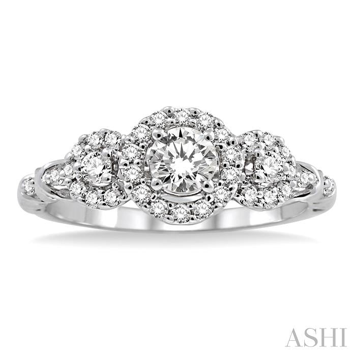 1/2 Ctw Round Cut Diamond Engagement Ring with 1/5 Ct Round Cut Center Stone in 14K White Gold