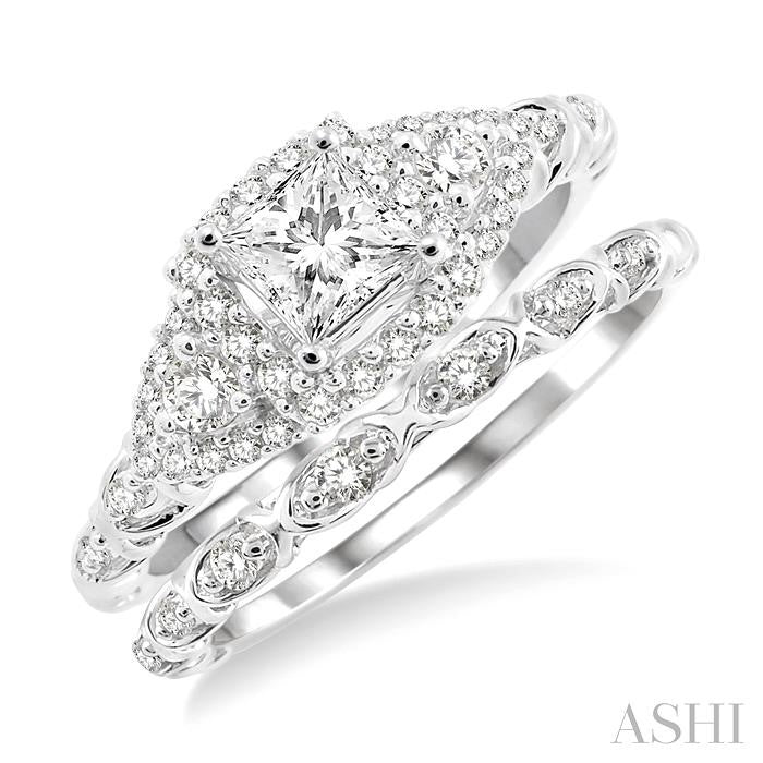 1/2 Ctw Diamond Wedding Set with 1/2 Ctw Princess Cut Engagement Ring and 1/20 Ctw Wedding Band in 14K White Gold