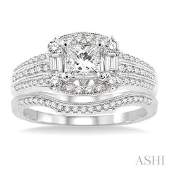 1 1/10 Ctw Diamond Wedding Set with 1 Ctw Princess Cut Engagement Ring and 1/10 Ctw Wedding Band in 14K White Gold