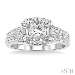 1 Ctw Diamond Engagement Ring with 1/2 Ct Princess Cut Center Stone in 14K White Gold