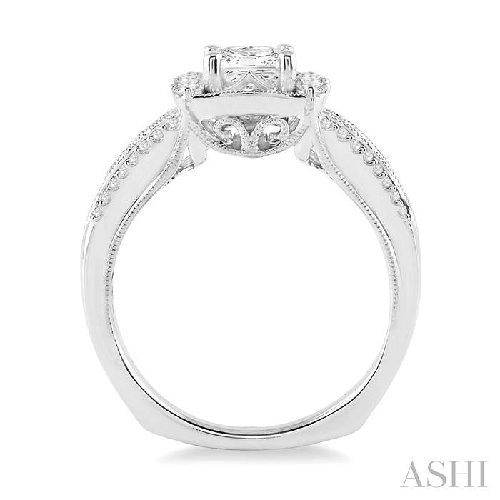 1 Ctw Diamond Engagement Ring with 1/2 Ct Princess Cut Center Stone in 14K White Gold