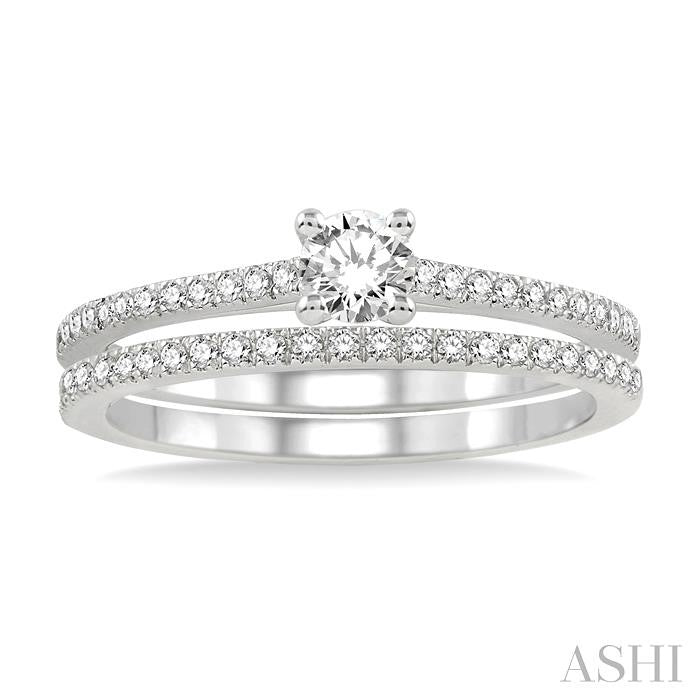 3/8 Ctw Diamond Wedding Set with 1/3 Ctw Round Cut Engagement Ring and 1/10 Ctw Wedding Band in 14K White Gold
