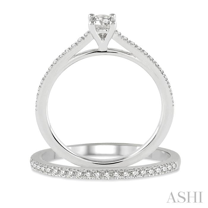 3/8 Ctw Diamond Wedding Set with 1/3 Ctw Round Cut Engagement Ring and 1/10 Ctw Wedding Band in 14K White Gold