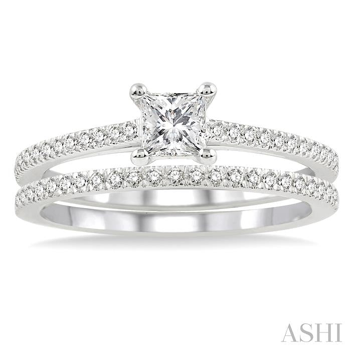 5/8 Ctw Diamond Wedding Set with 1/2 Ctw Princess Cut Engagement Ring and 1/10 Ctw Wedding Band in 14K White Gold
